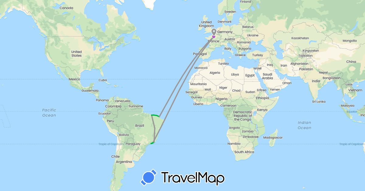 TravelMap itinerary: driving, bus, plane, train in Brazil, France (Europe, South America)